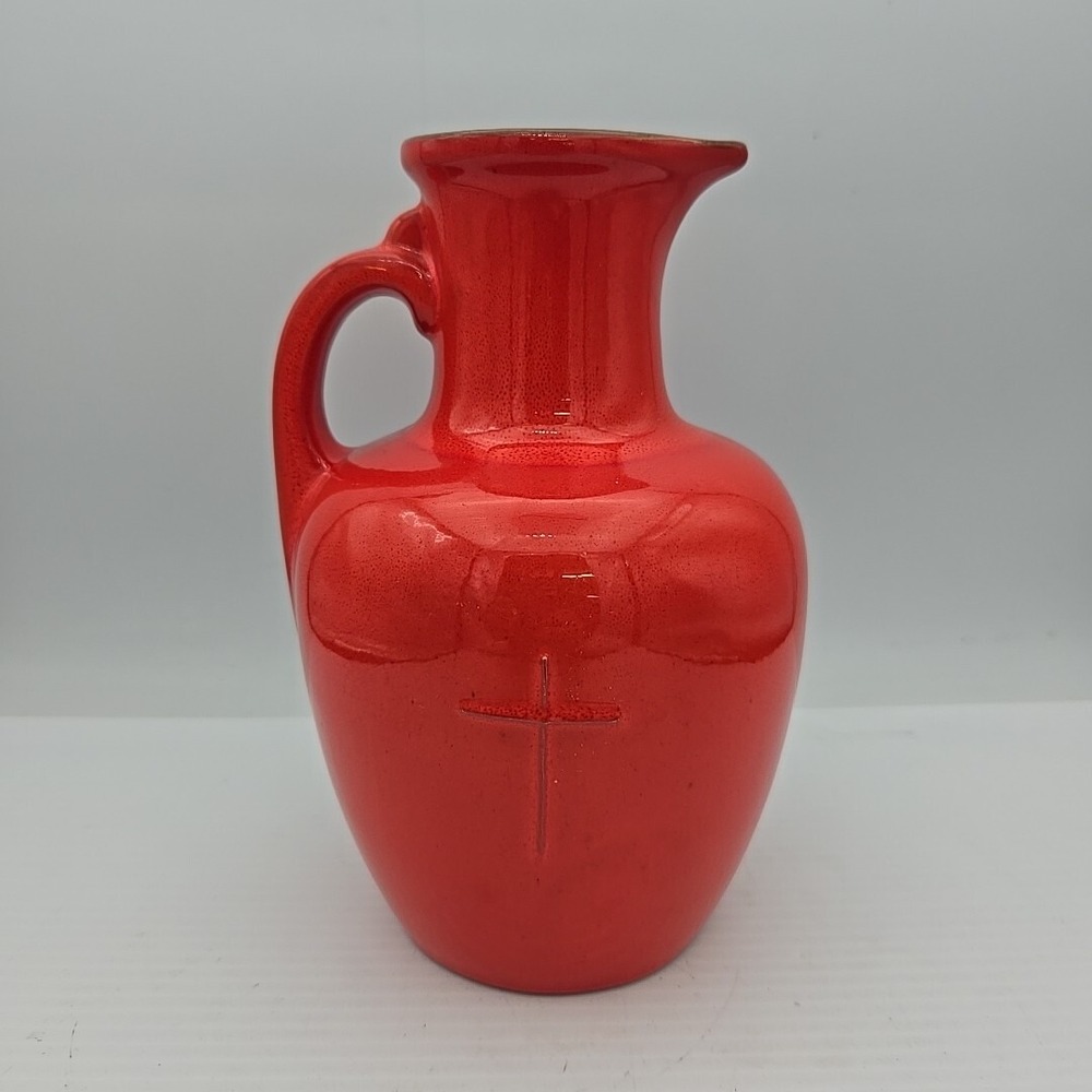 Vintage Frankoma Red Orange Small Pitcher‎ W/ Cross
